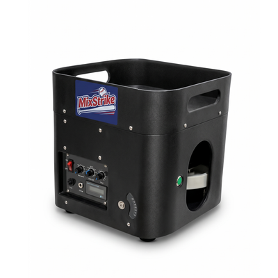 MixStrike Lite pitching machine - three-quarter view showing the ball hopper, carry handle and control panel