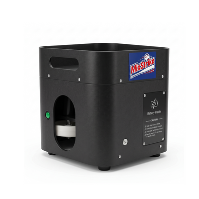 MixStrike Lite pitching machine - side view with the ball outlet, indicator light and specification label
