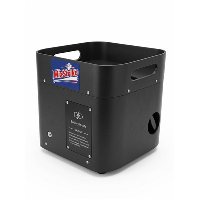 MixStrike Lite pitching machine - battery compartment side with the charger connection