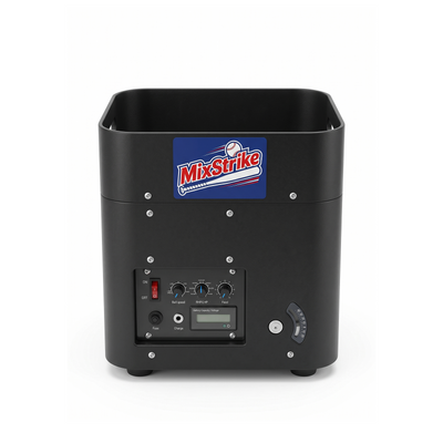 MixStrike Lite pitching machine - front control panel with speed and feed knobs and the charging socket