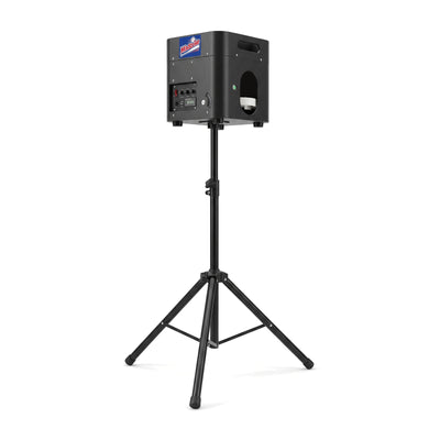 MixStrike Lite pitching machine on a tripod with the control panel visible